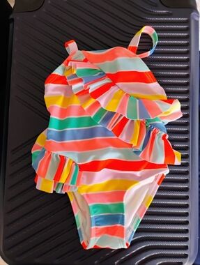 Girls' Multicolor Stripe Ruffle One-Piece Swimsuit